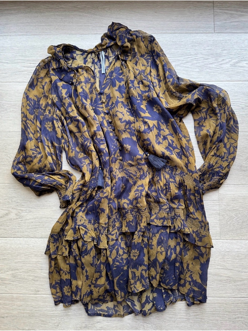 Anthropologie Navy & Mustard Floral Ruffle Dress